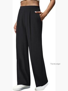 High Waist Wide Leg Dress Pants with Pockets Elastic Back Pull On Trousers
